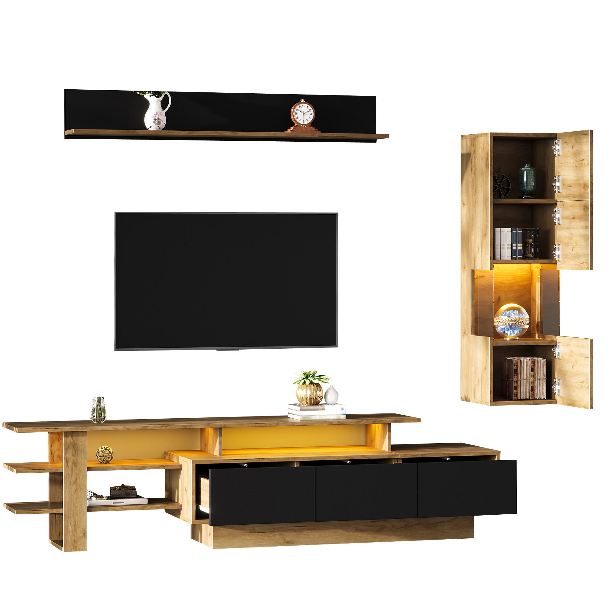 TV ZIDNA STIJENA 3 Dijela LED do 80" Crna Drveni Dekor - višebojno, drvni materijal (180/45/40cm) - FLIEKS