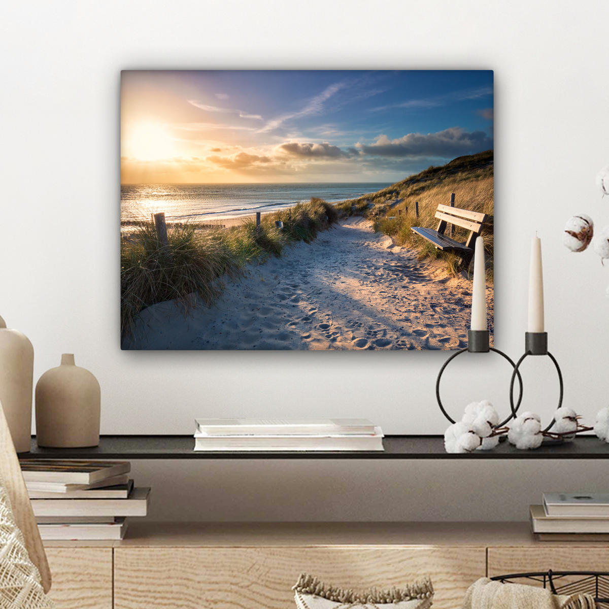 LEINWANDBILD - Sonnenuntergang - Strand - Düne - Gras - Ufer - 40x30 - Wanddeko - Sandfarben, Textil (40/30cm) - MuchoWow