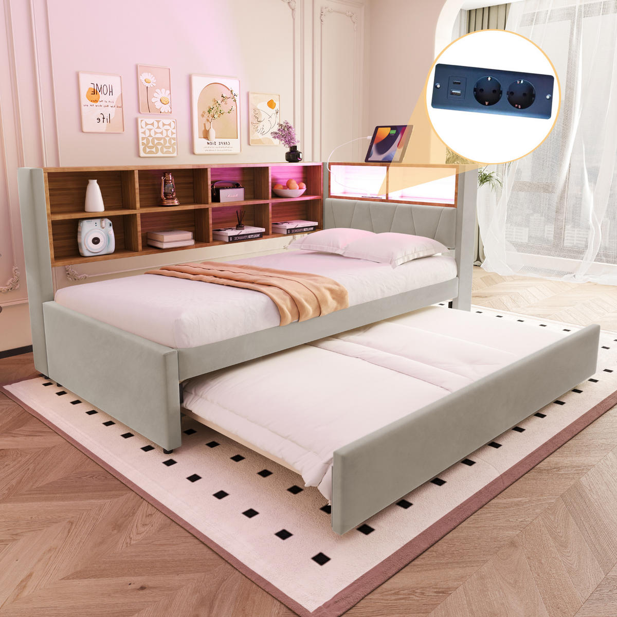 SCHLAFSOFA mit Ausziehbett 90x200/90x190 cm Flanell Hellgrau - Hellgrau, Holz (90/200cm) - Meubliv