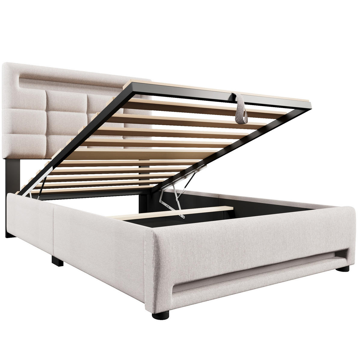 POLSTERBETT 90/200 cm mit App-gesteuerter LED-Beleuchtung, USB-Anschluss und hydraulischem Bettkasten, Beige - Beige, Textil (90/200cm) - Redom