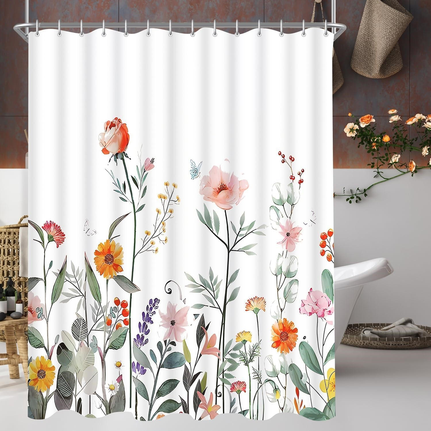 DUSCHVORHANG Blumenmuster Rot 180/180 cm Polyester Wasserabweisend Schimmelresistent - Weiß, Kunststoff (180/180cm) - MCBOSON