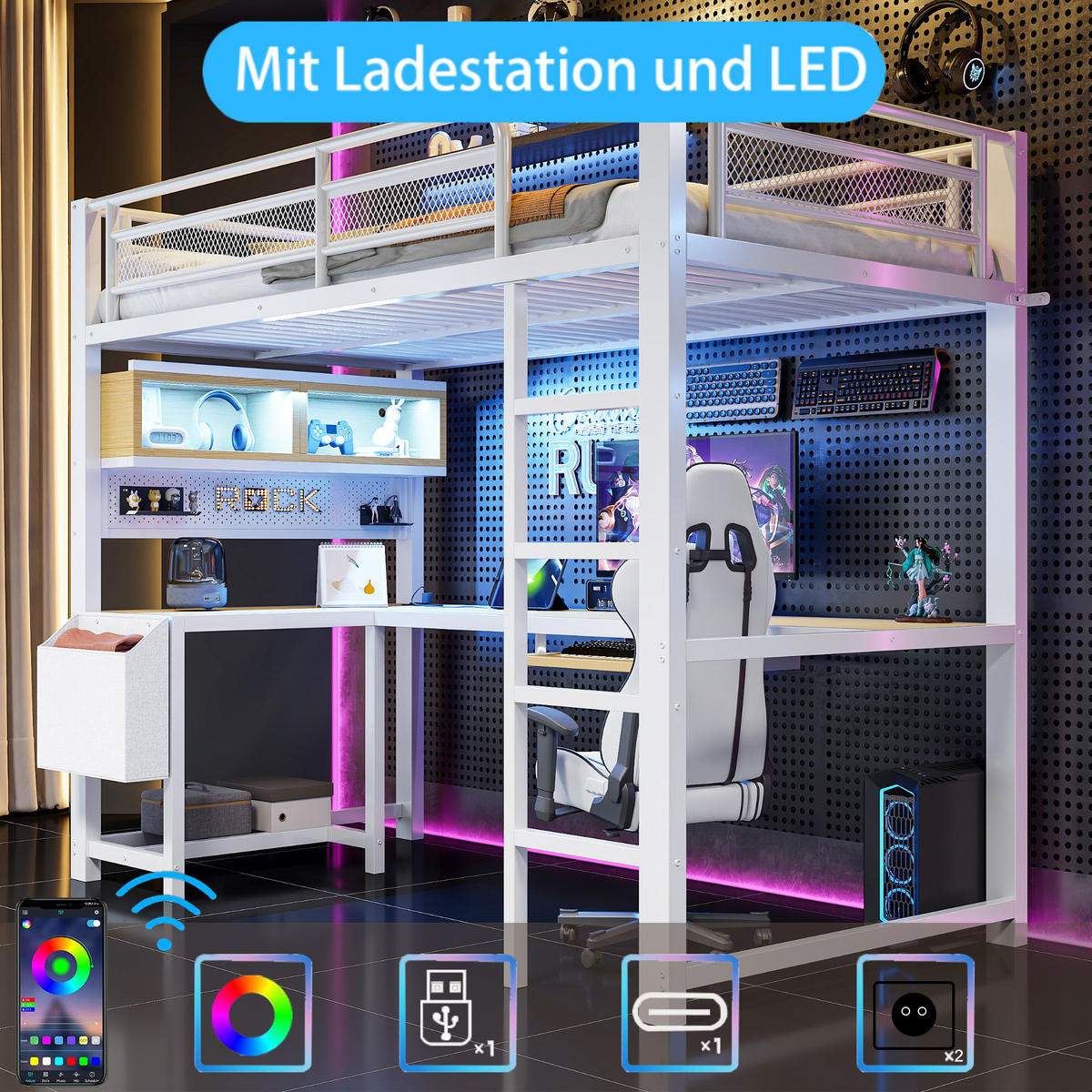 HOCHBETT 90/200 cm in Weiß mit Schreibtisch, LED und USB - Weiß, Holzwerkstoff/Metall (90/200cm) - WISHDOR