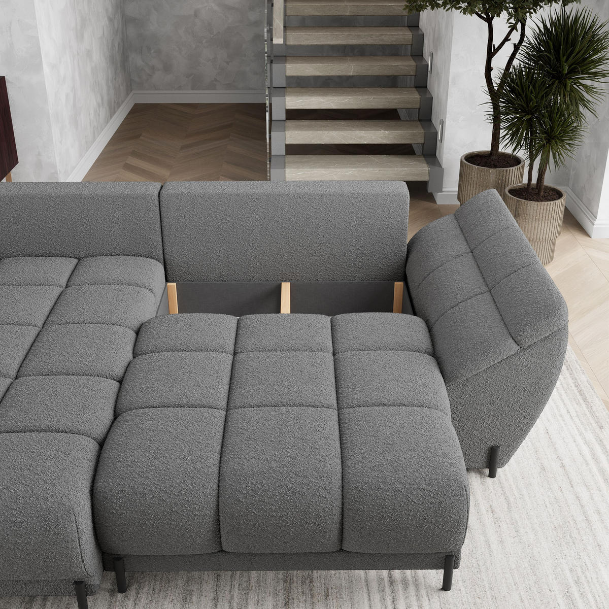 ECKSOFA VESTANO L-S Grau Boucle-Stoff mit Schlaffunktion - Grau, Holz (287/182cm) - MASSENO