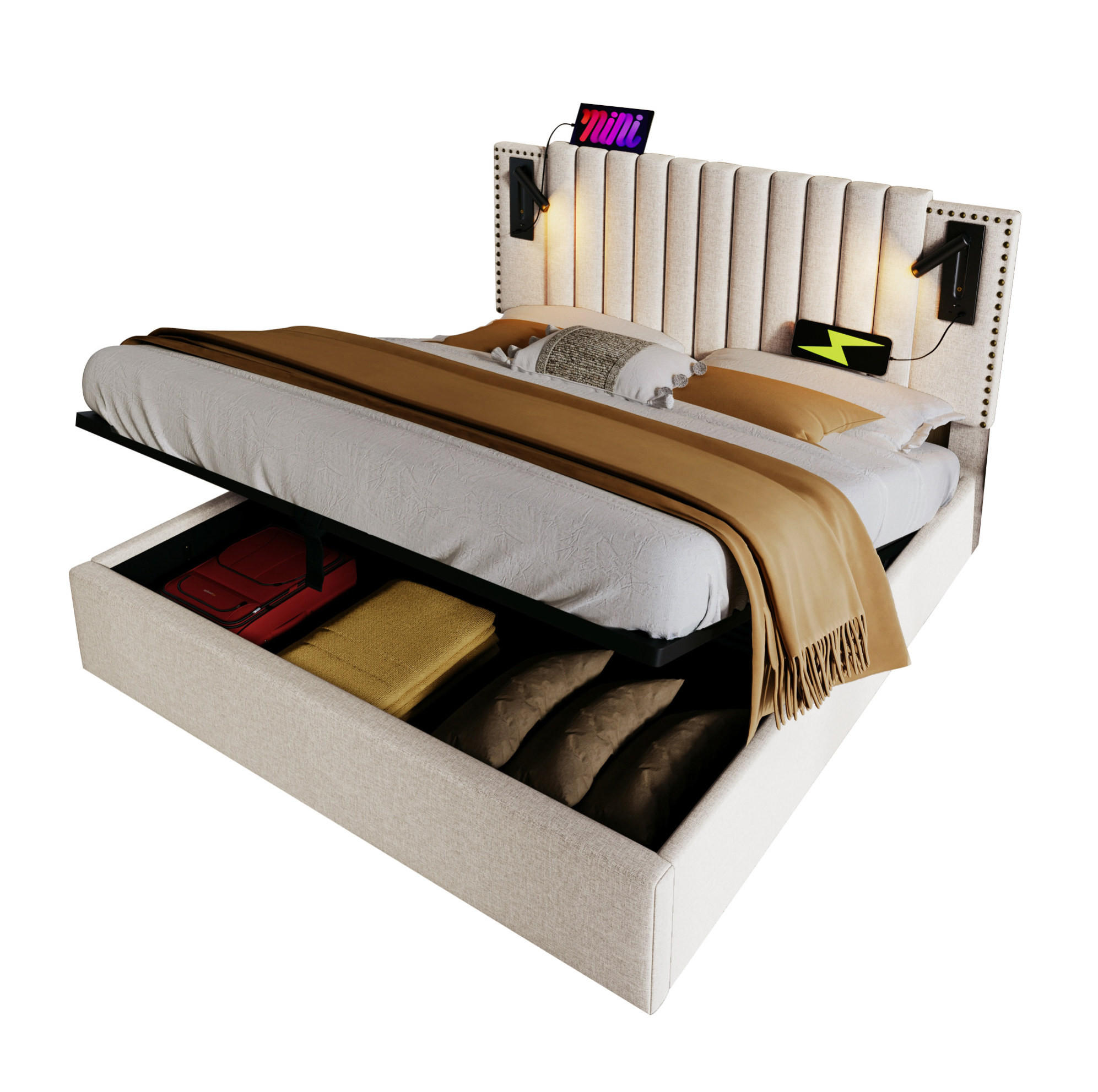 POLSTERBETT 180/200 cm mit Bettkasten, höhenverstellbarem Kopfteil, LED-Leselicht & USB/Type-C, Beige - Beige, Textil (180/200cm) - Redom