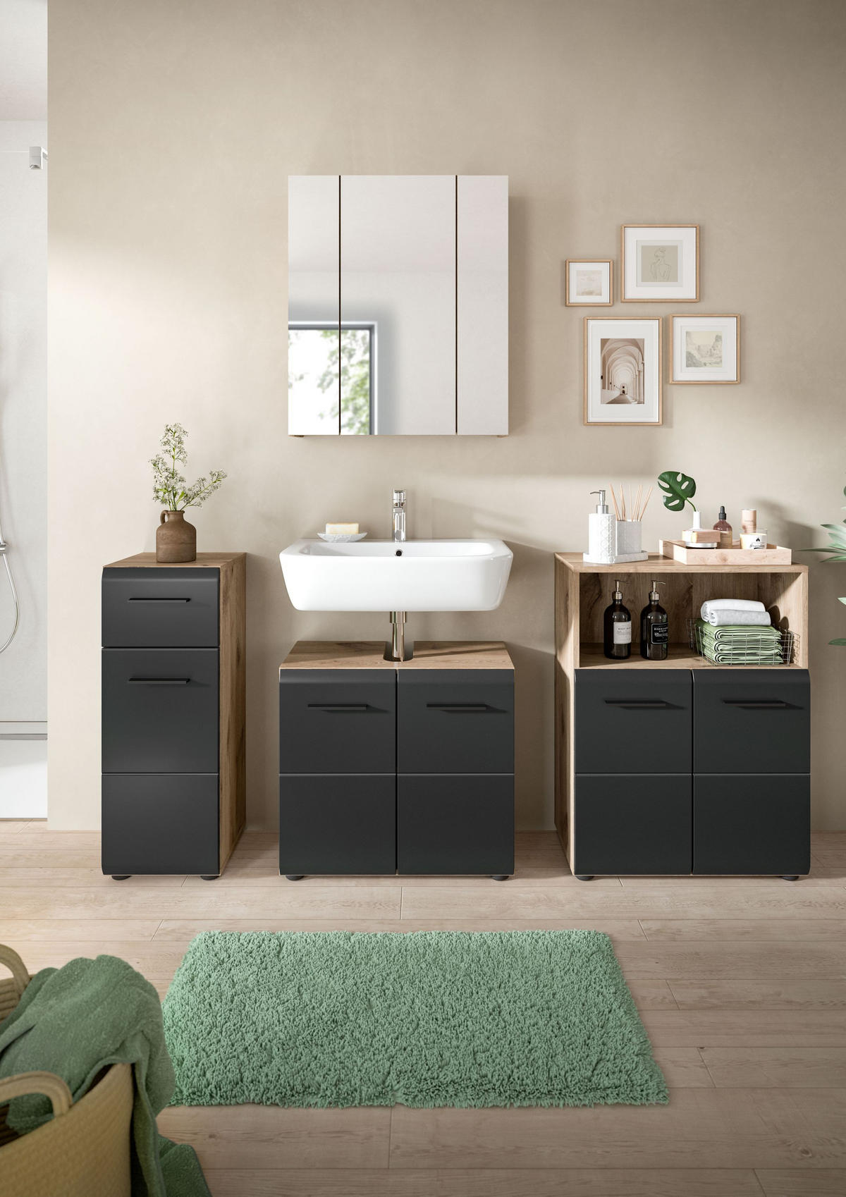 BADEZIMMER Alba 4-tlg. (B/H/T: ca. 180/185/30 cm) in Nox Oak /schwarz matt - Eichefarben, Holz (180/185/30cm)