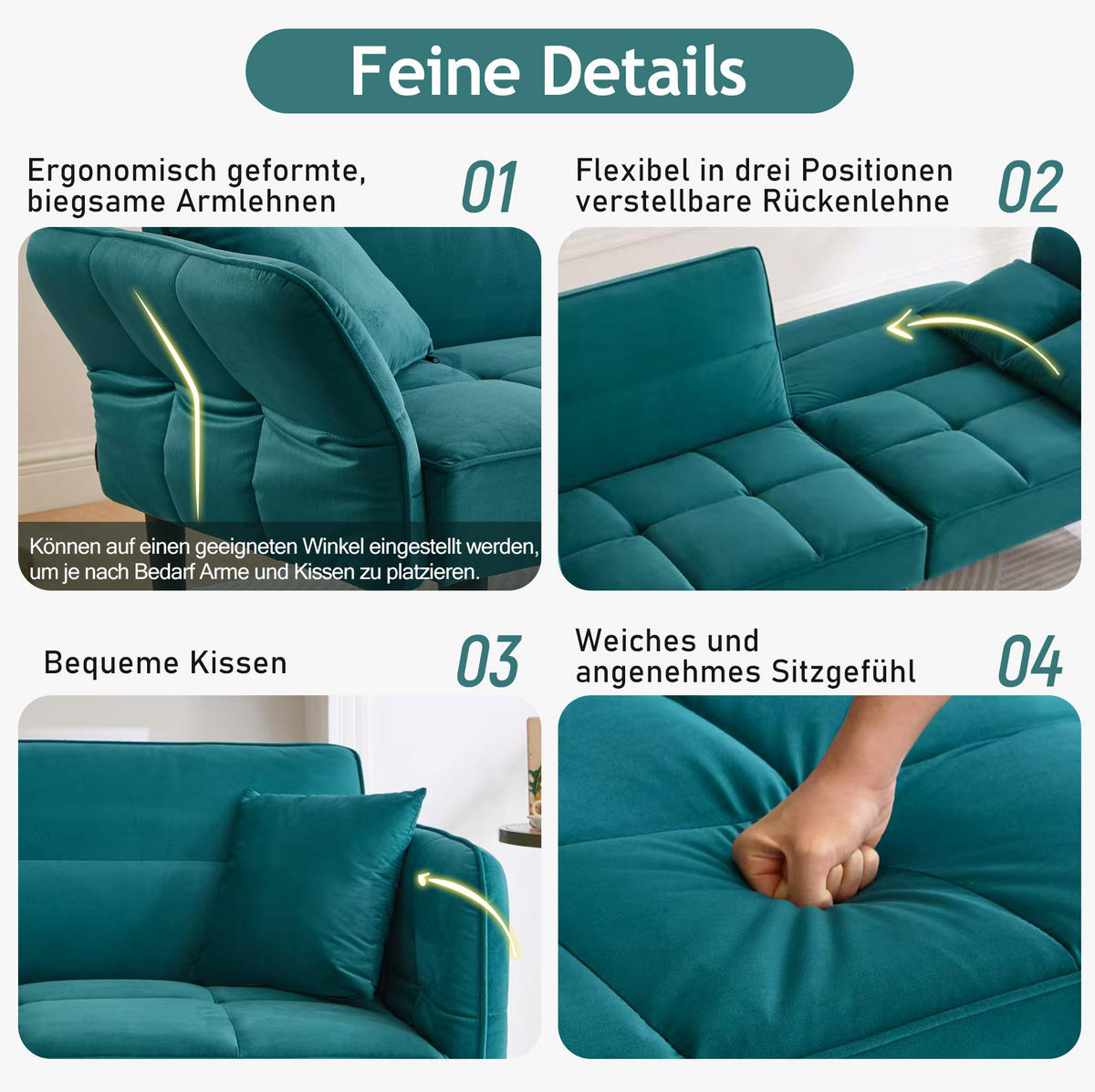 SCHLAFSOFA aus Samt Antik Blaugrün mit verstellbaren Rückenlehnen, klappbaren Armlehnen und 2 Kissen - Petrol, Kunststoff (176/76/78cm) - Modfu