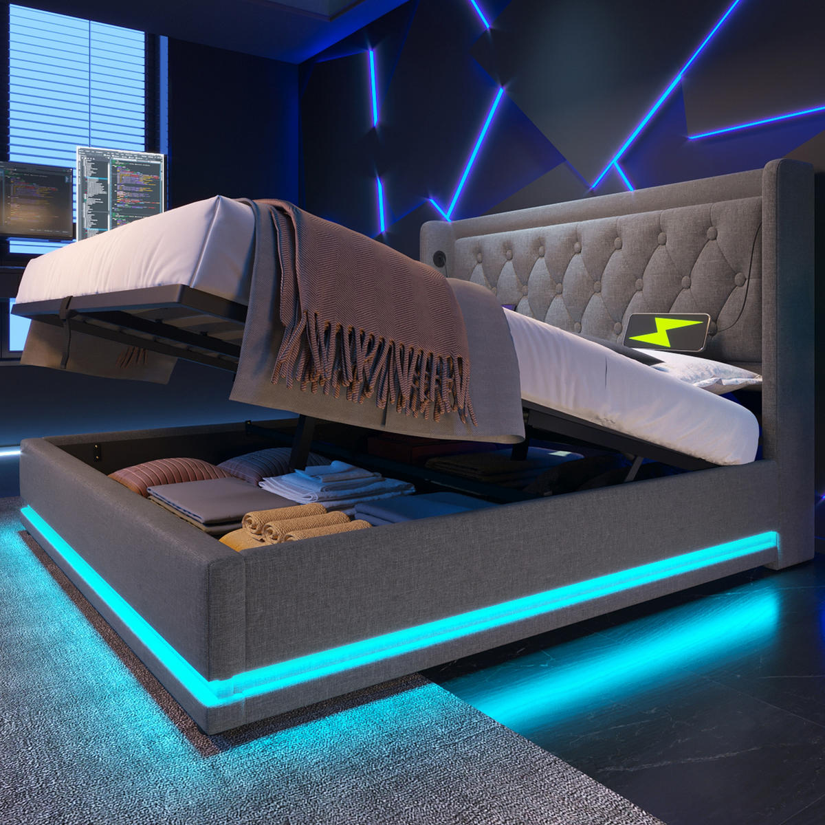 POLSTERBETT 180/200 cm Grau Baumwolle mit Stauraum und USB-Typ-C-Anschluss - Grau, Textil (180/200cm) - OKWISH