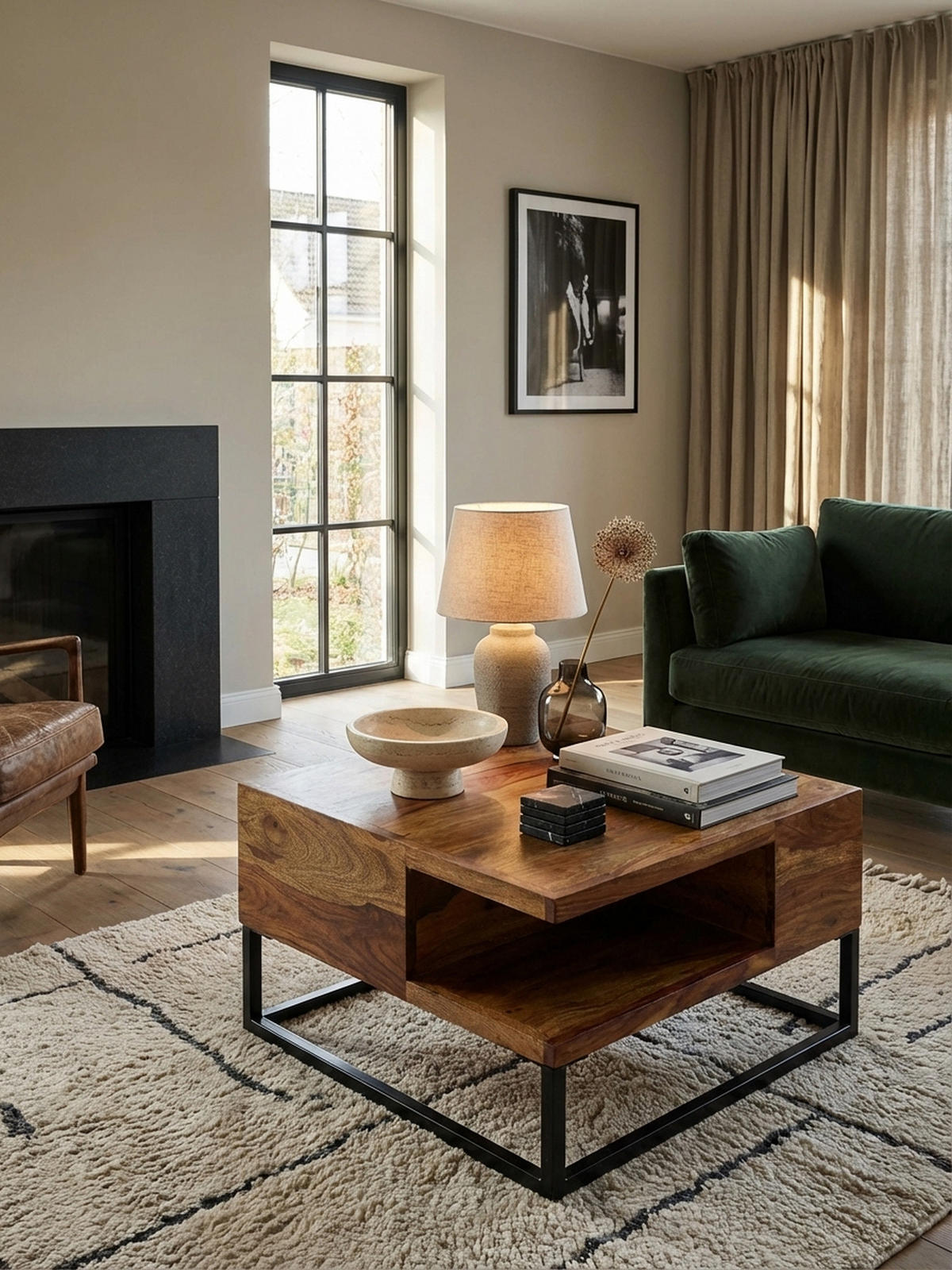 COUCHTISCH in Sheeshamholz mit Staufach, 60x60x34,5 cm, Industrial-Design - Schwarz/Braun, Holz/Metall (60/60/35cm) - KADIMA DESIGN