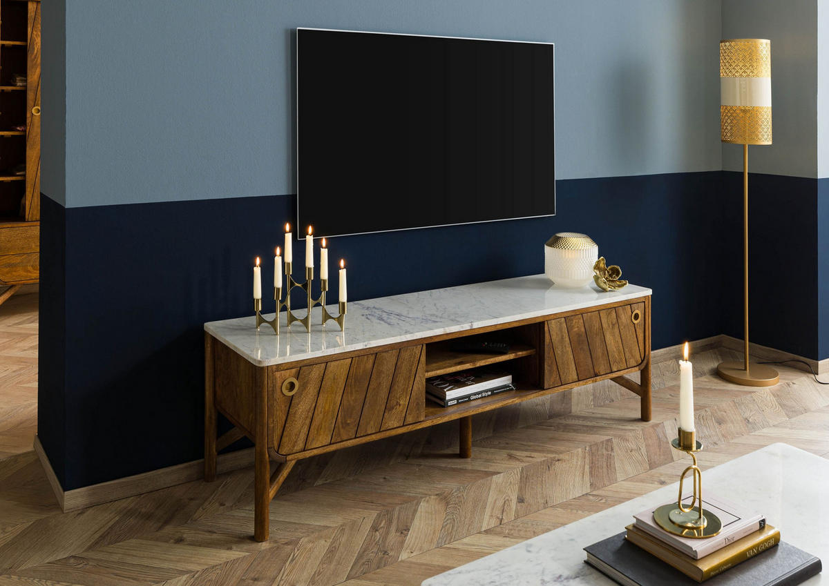 TV-BOARD Mango 160x45x50 braun geölt / echter Marmor LOS ANGELES #01 - Braun, Holz (160/50/45cm) - Massivmoebel24