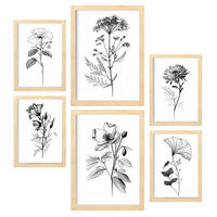 POSTER Set Mit 6 Blühende Blumen Natur Und Botanikdrucke Mit Blumenmotiven In Klassischem Schwarz Und Weiß A3 & A4 Rahmen Aus Hellem Holz - Beige, Papier (29/3cm) - Nacnic