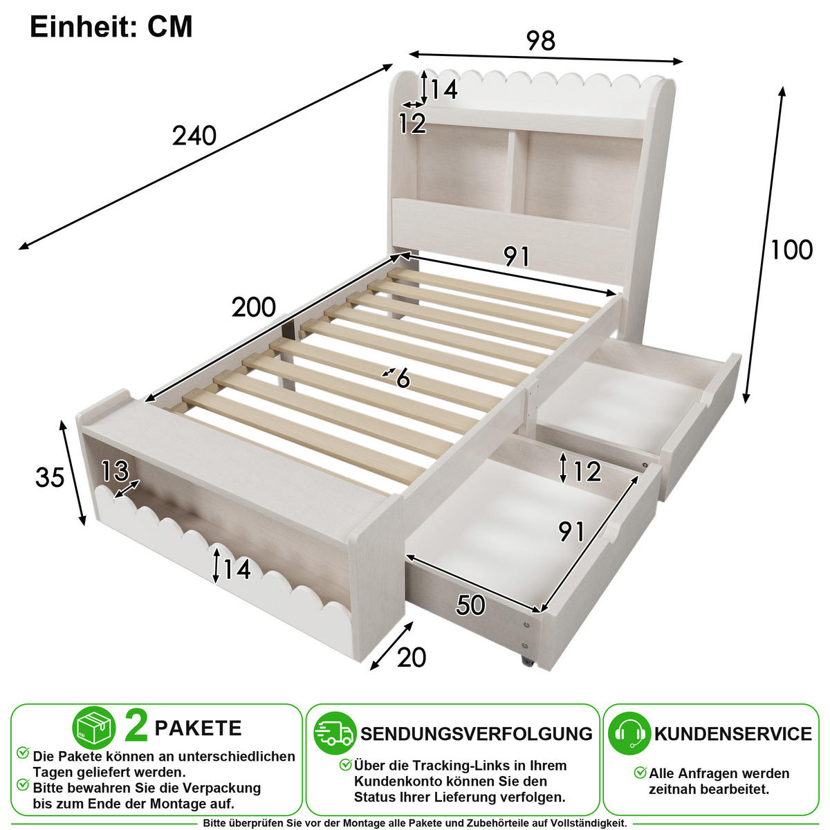 KINDERBETT 90/200 cm in Weiß & Eichefarben mit 2 Schubladen, Regal und Sitzbank - Weiß, Holz/Holzwerkstoff (90/200cm) - CHICFURN