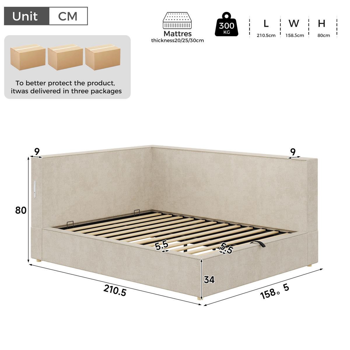 DAYBETT 140x190 cm, Beige, Chenille, LED, USB/Typ-C - Beige, Textil (140/200cm) - FLIEKS