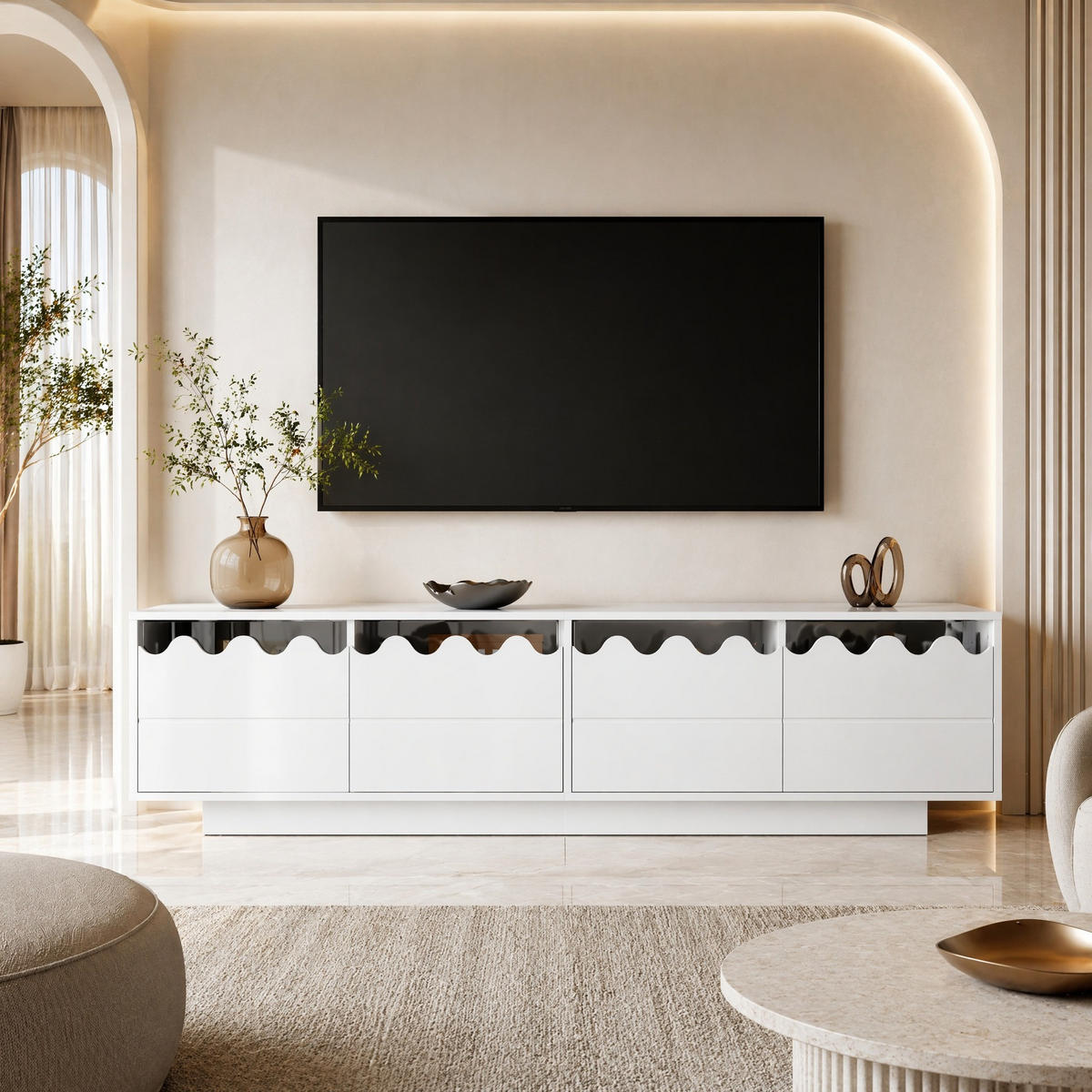 LOWBOARD in Weiß TV-Schrank mit 4 Türen und Wellen-Design für Wohnzimmer, B170/T40/H45 cm - Weiß, Holzwerkstoff/Metall (170/45/40cm) - STILVORA
