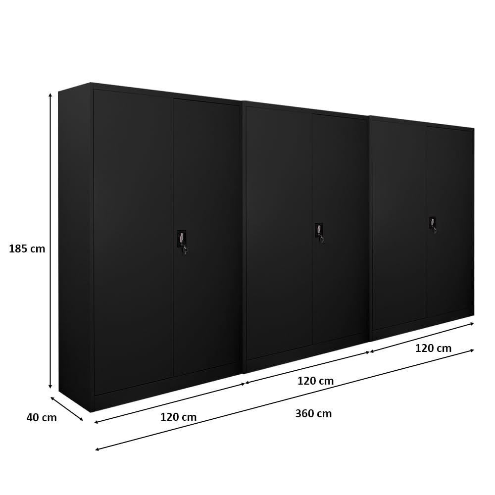 FLÜGELTÜRENSCHRANK Elephant 3er-Set 185x120x40cm 4 Fachböden Fertig aufgebaut Schwarz - Schwarz, Metall (360/185/40cm) - PROREGAL