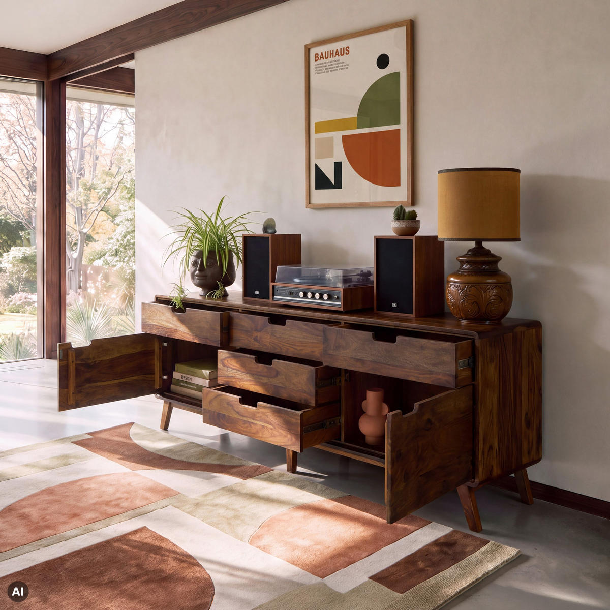 SIDEBOARD Sheesham 200x40x65 walnuss gewachst MALMÖ 2 #130 - Dunkelbraun, Holz (200/65/40cm) - Massivmoebel24