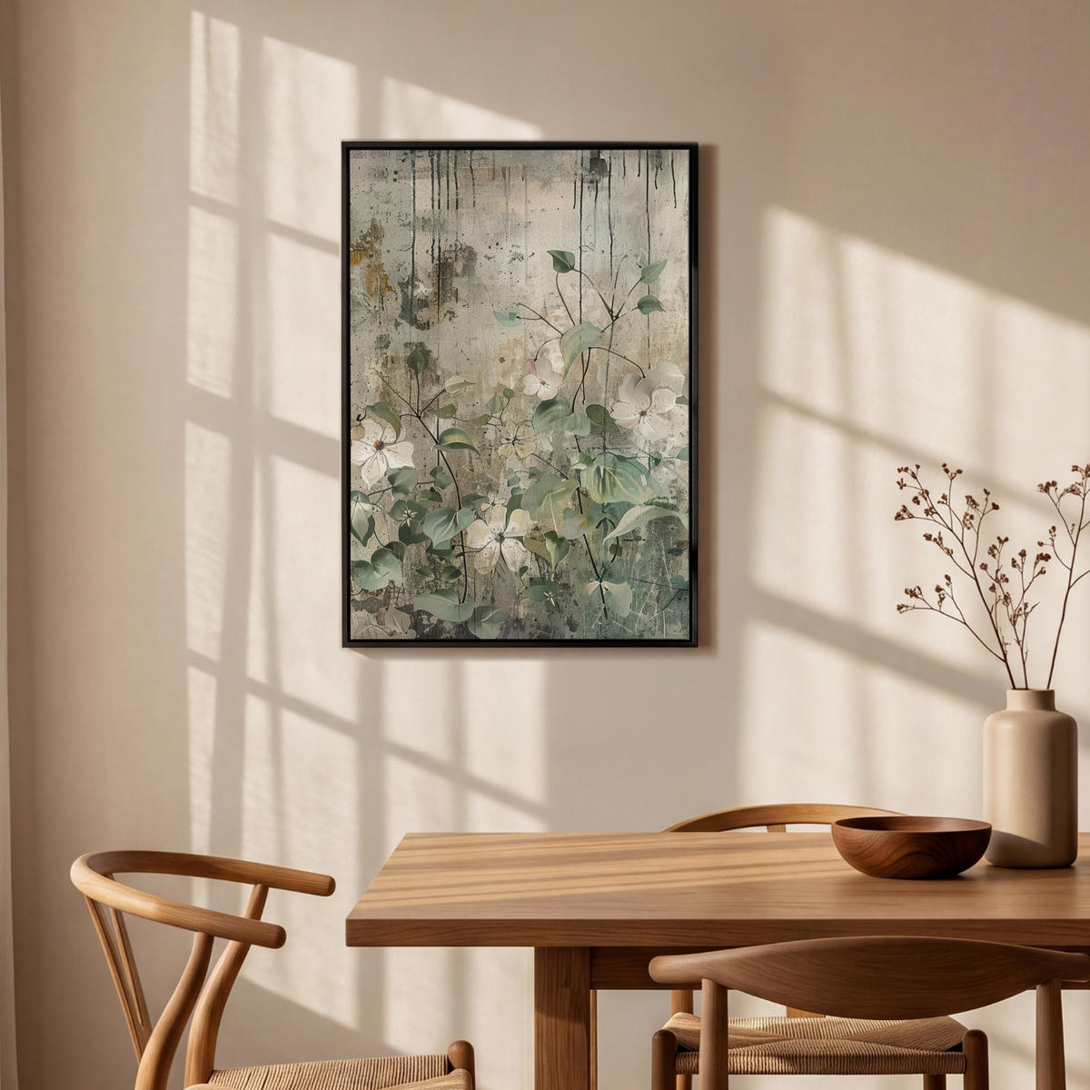 LEINWAND Bilder mit Rahmen - Blumen - Blätter - Abstrakt - Modern - 60x90 - Grau, Textil (60/90cm) - MuchoWow