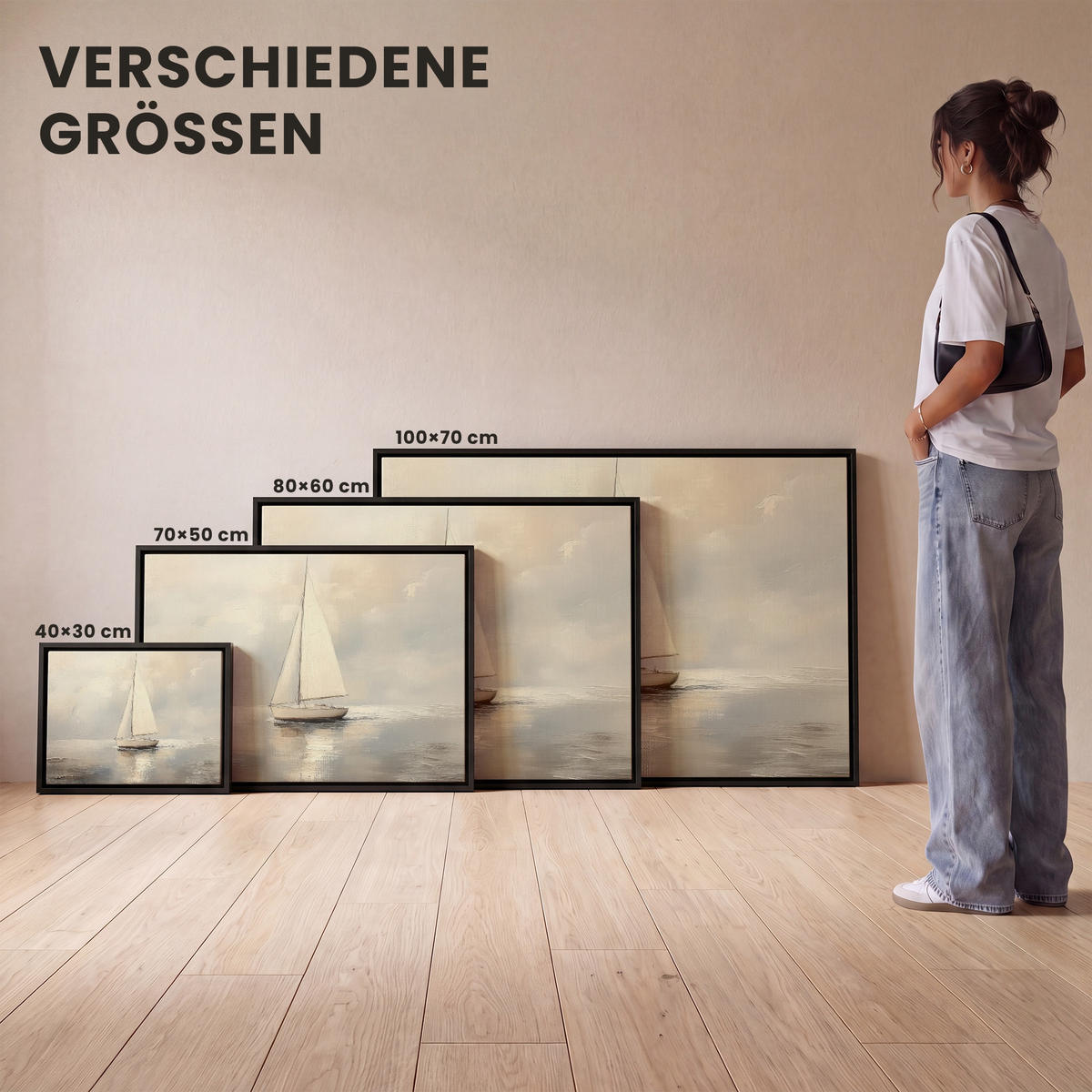LEINWAND Bilder mit Rahmen - Segelschiff - Meer - Bewölkt - 100x70 - Creme, Textil (100/70cm) - MuchoWow