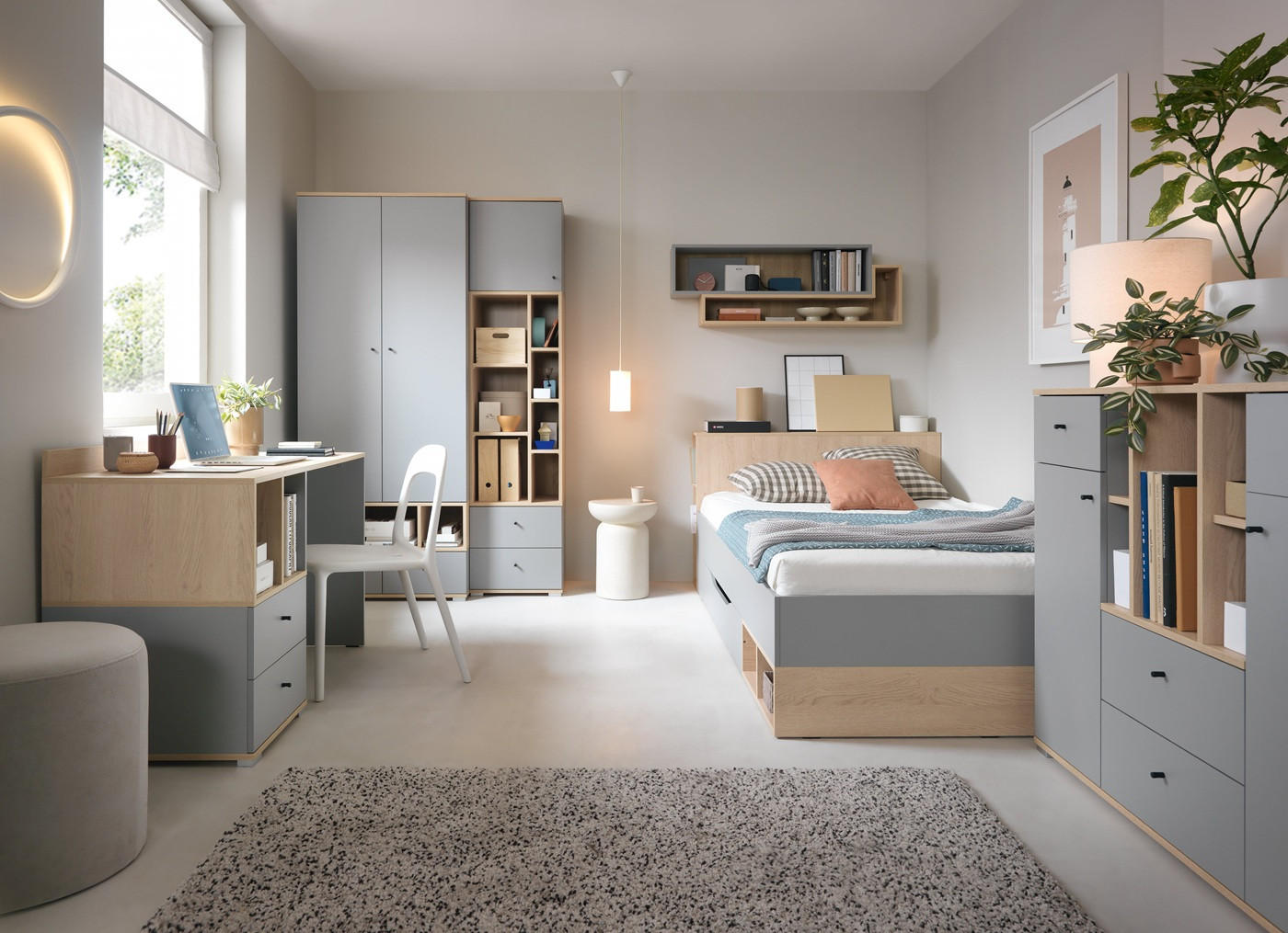 JUGENDZIMMER Oriel Set B mit Bett 120 x 200 - 6-teilig - Platingrau / Biskuit-Eiche - Eichefarben/Schwarz, Holzwerkstoff/Metall (124/80/224cm) - QMM TraumMöbel