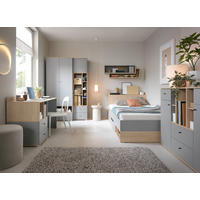 JUGENDZIMMER Oriel Set B mit Bett 120 x 200 - 6-teilig - Platingrau / Biskuit-Eiche - Eichefarben/Schwarz, Holzwerkstoff/Metall (124/80/224cm) - QMM TraumMöbel