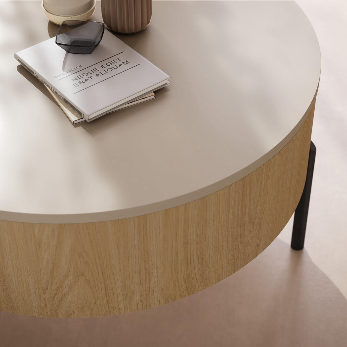 COUCHTISCH rund aufklappbar höhenverstellbar Stauraum 79/79/42 cm - Eichefarben/Beige, Holzwerkstoff (79.5/79.5/42.7cm) - designimpex