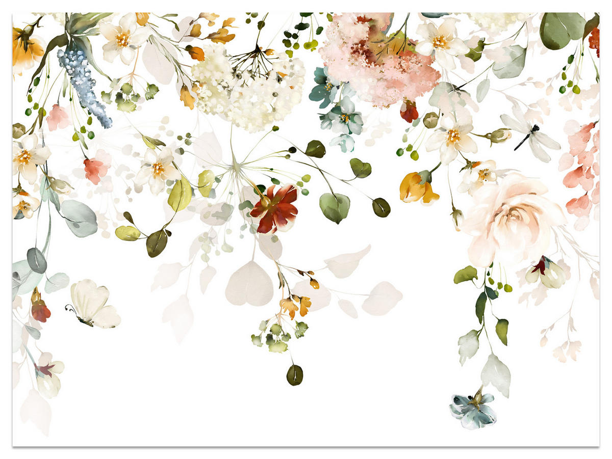 FOTOTAPETE für Schlafzimmer Bunte Zarte Blumen Blätter Pastell 150x105 - Ecru/Beige, Papier (150/105cm) - Muralo