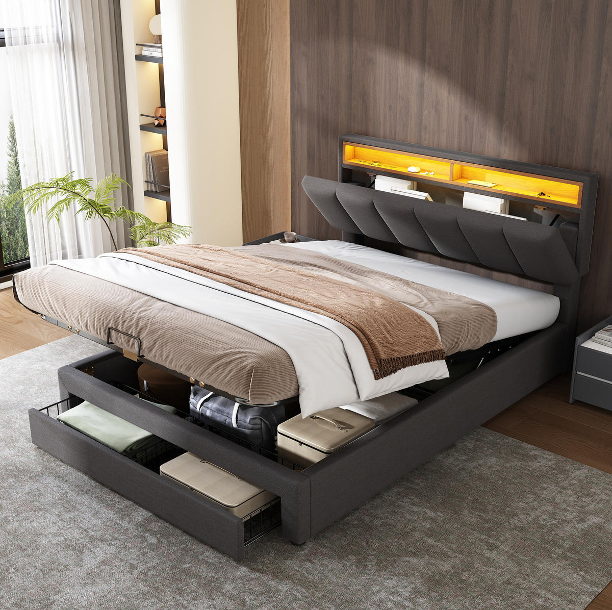 POLSTERBETT aus Leinen 140x200 cm in Grau mit LED-Beleuchtung - Grau, Textil (140/200cm) - Modfu