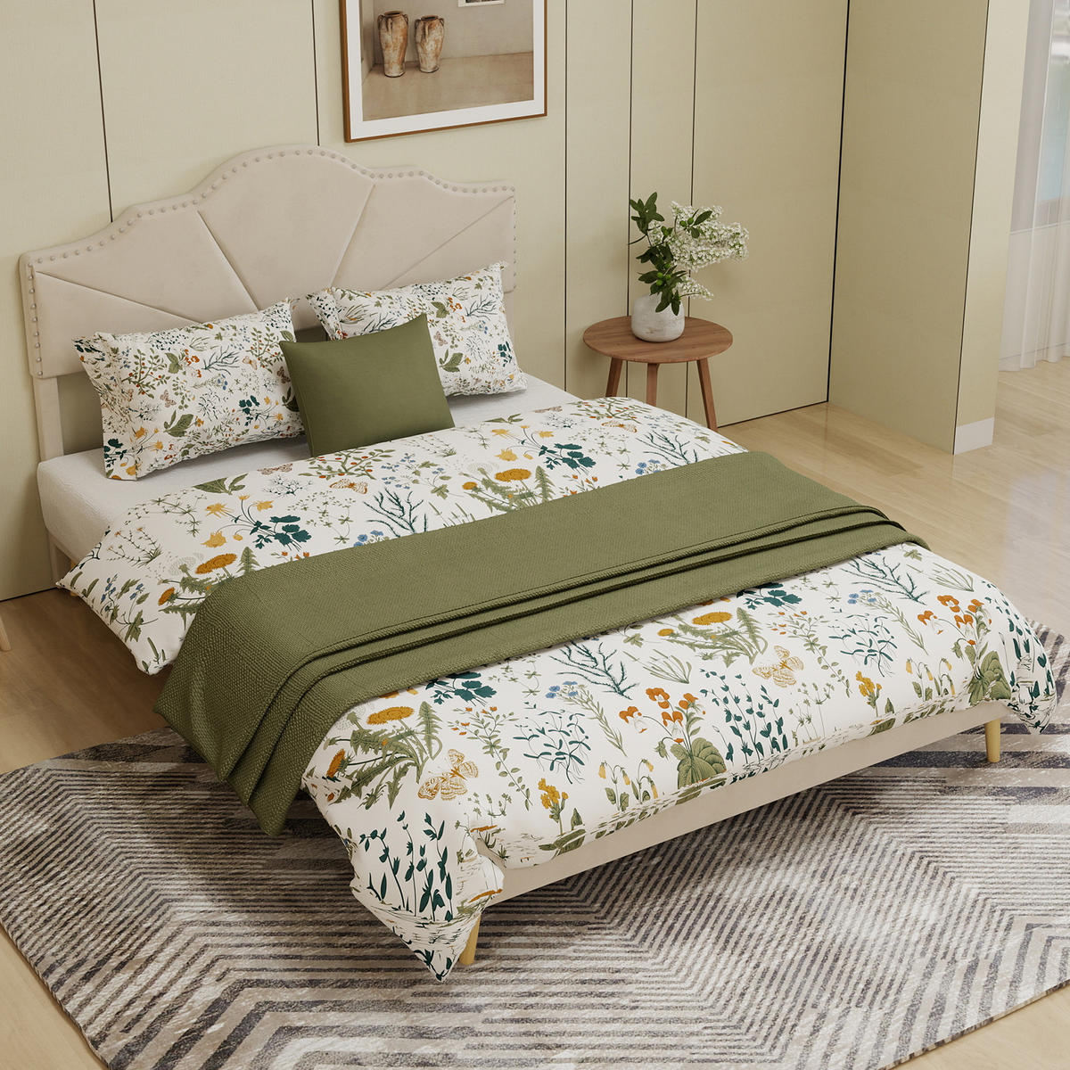 POLSTERBETT 160/200 cm in Beige Stoff mit geometrischem Kopfteil - Beige, Holzwerkstoff/Textil (160/200cm) - WISHDOR