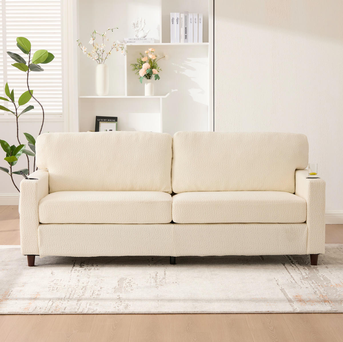 2-SITZER-SOFA aus Chenille 203x77,5x86 cm Beige mit USB-C, LED-Beleuchtung, Getränkehaltern und Seitentaschen - Beige, Textil (77.5/86/203cm) - Modfu