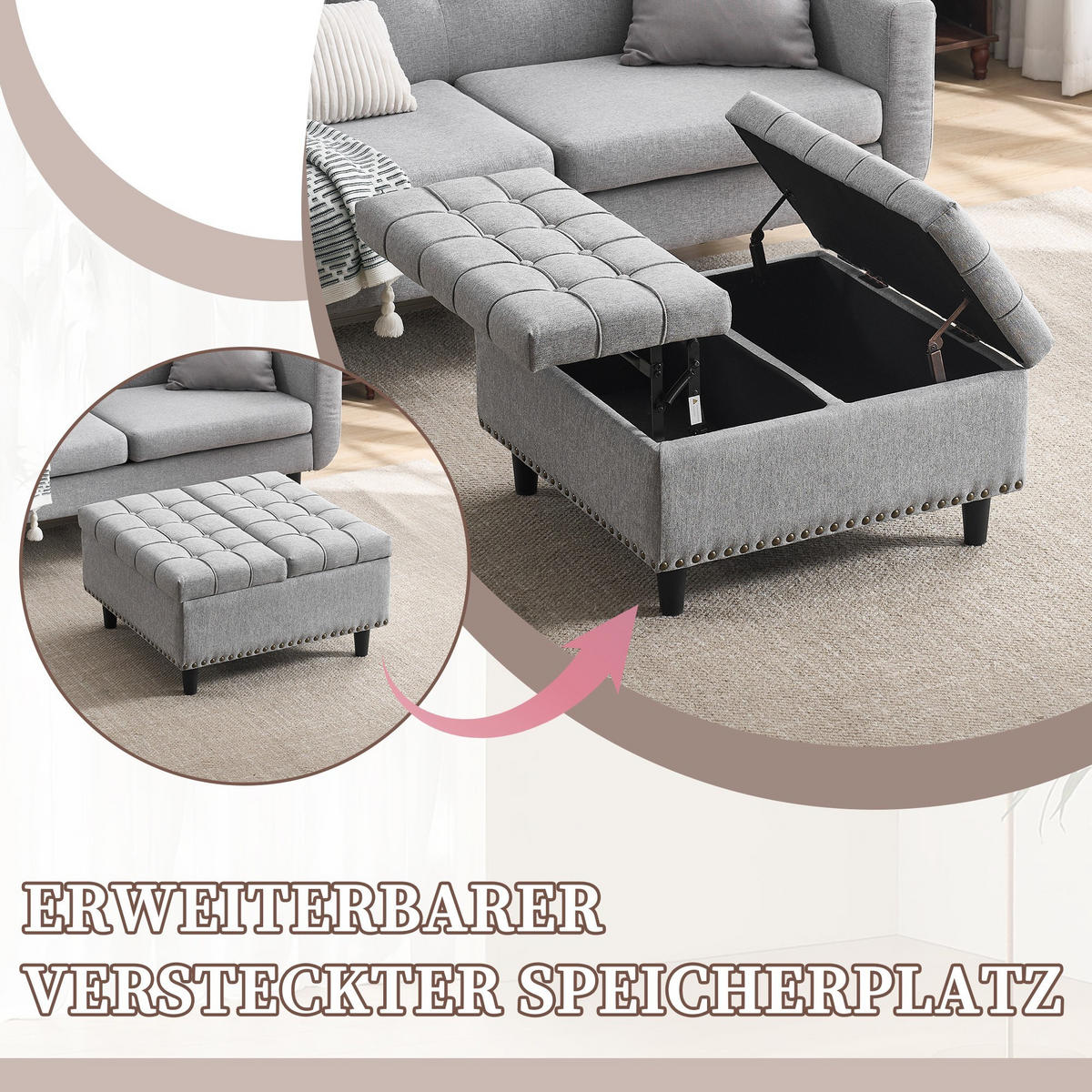 HOCKER Couchtisch,Aufbewahrungsstuhl,höhenverstellbar,Leinen,Grau - Grau, Metall (75/41/75cm) - LVHOM