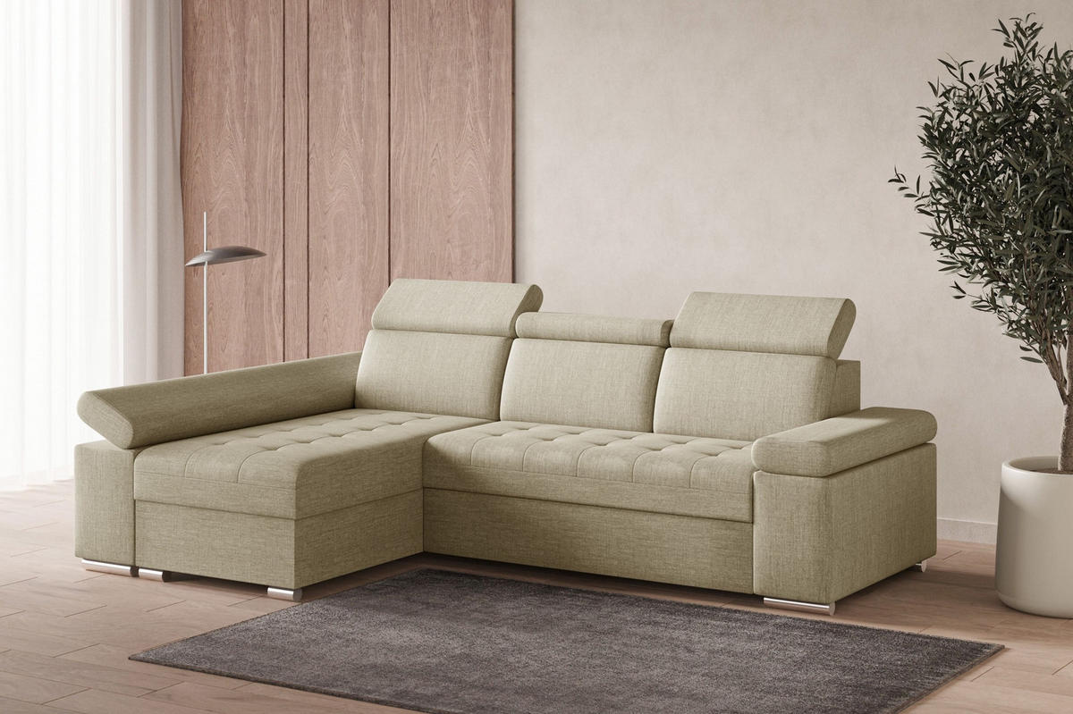 ECKSOFA mit Schlaffunktion Luka L Twist 01 - Beige - Rechts - Beige/Silberfarben, Holzwerkstoff (260/168cm) - Möblo