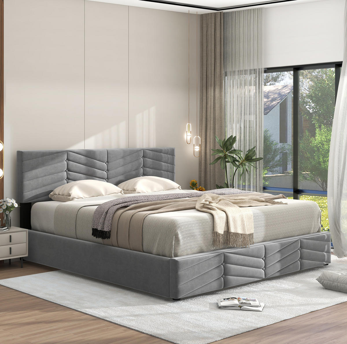 POLSTERBETT 140/200 cm grau mit hydraulischem Bettkasten und höhenverstellbarem Kopfteil - Grau, Textil (140/200cm) - OKWISH