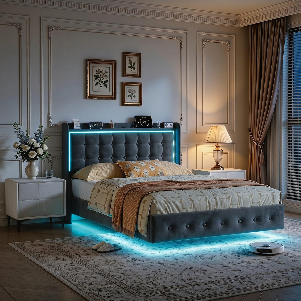 SCHWEBENDES POLSTERBETT 140x200 Samt, RGB-LED Beleuchtung & USB Anschluss - Dunkelgrau, Holz - SHOPENTRA