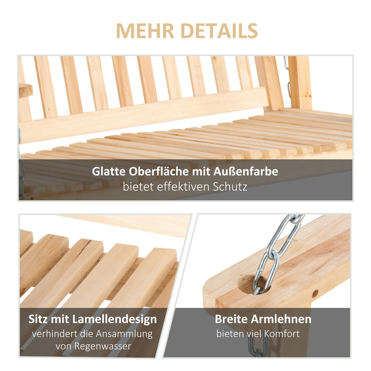 HÄNGEBANK, Tannenholz, Stahl, Naturholz - Naturfarben, Holz/Metall (69/60/117cm) - Outsunny