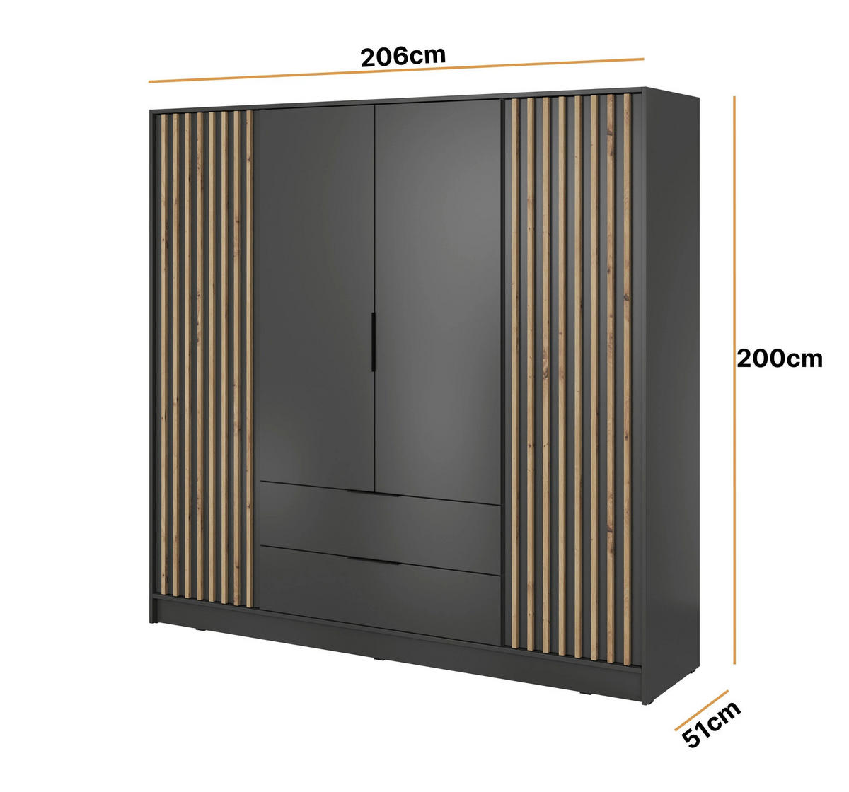 KLEIDERSCHRANK Stilo in Graphit, vier Türen, mit Spiegel und Lamellen an der Front - Schwarz/Graphitfarben, Holzwerkstoff/Kunststoff (206/200/51cm) - Ravio