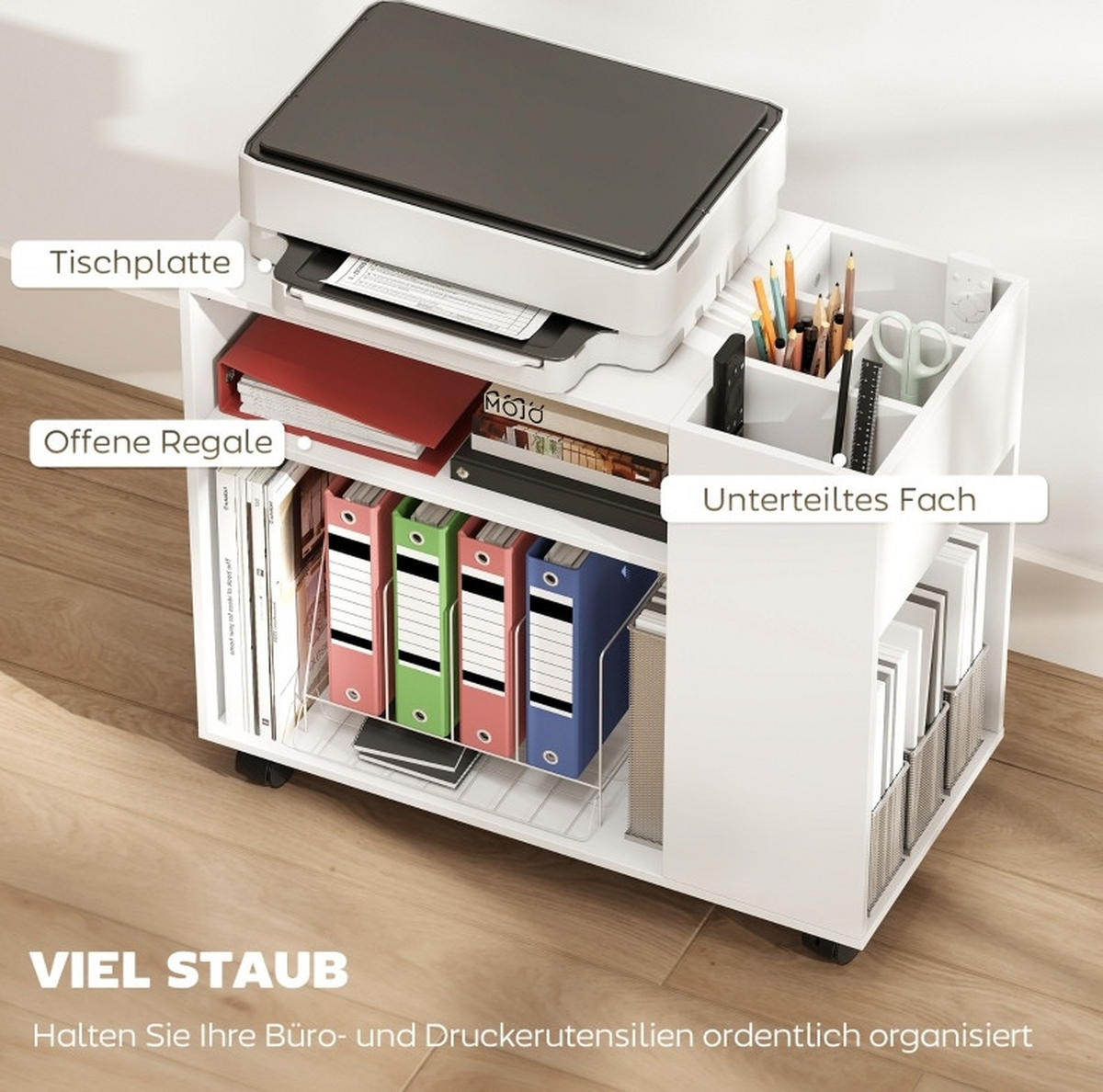 BÜCHERREGAL 70/34/60 cm in Weiß mit Rollen und offenen Ablagen - Weiß, Holz (70/60/34cm) - BEAOK