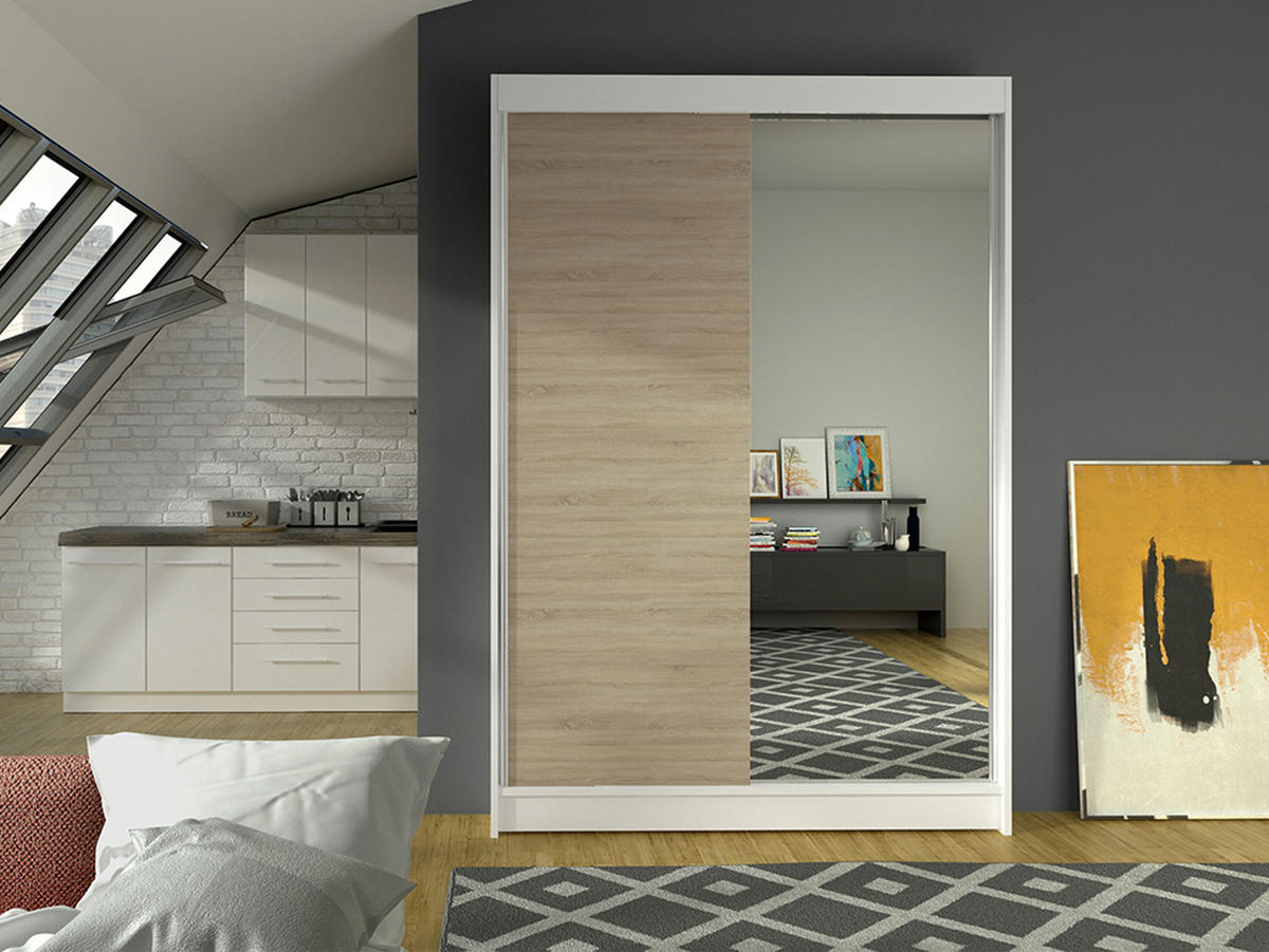 SCHWEBETÜRENSCHRANK Lino I - Weiß/Sonoma Eiche, Holzwerkstoff/Metall (120/200/58cm) - MIRJAN24
