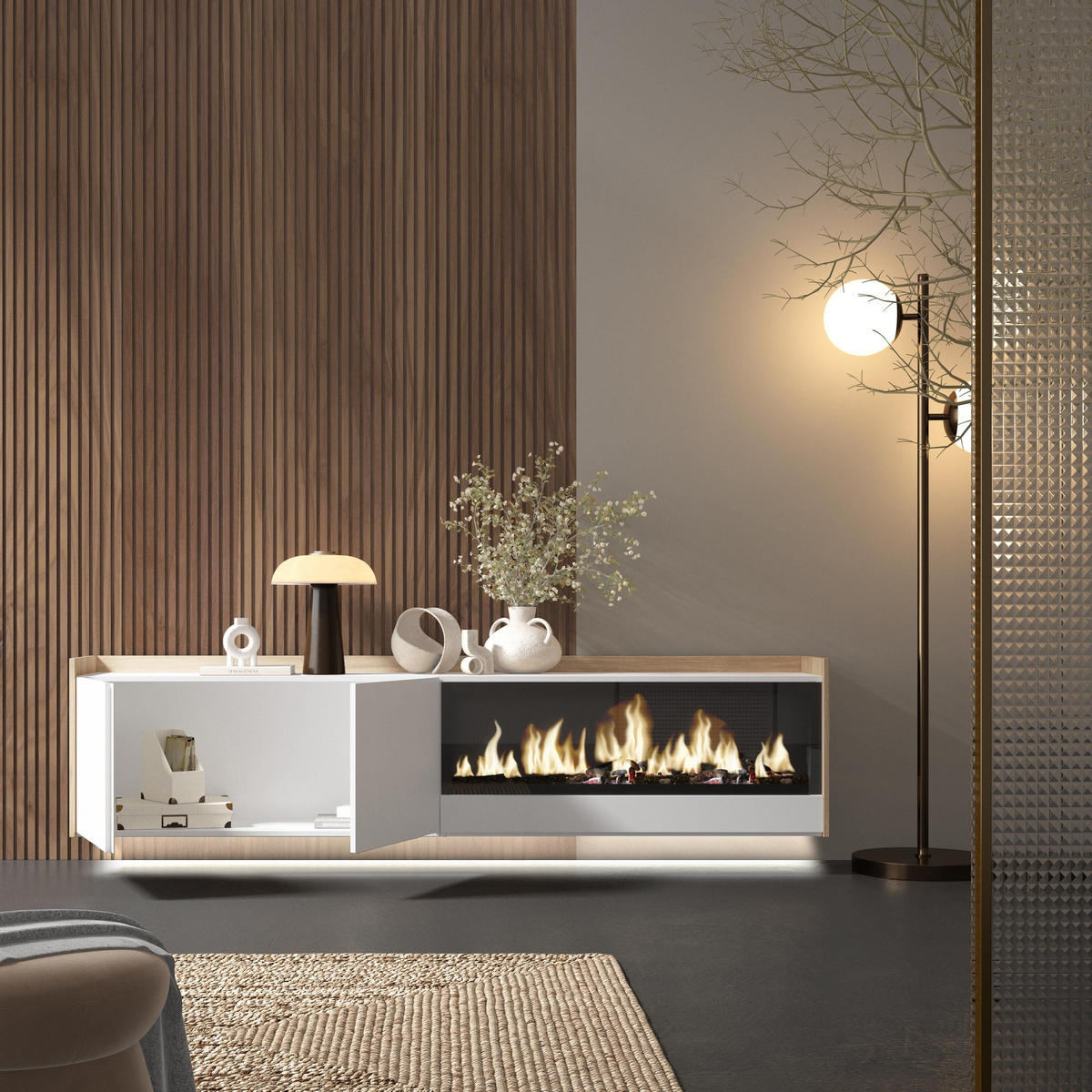 LOWBOARD, Weiß und Eiche, 212/35/50cm, Kamin mit Feuereffekt XXL - Weiß, Holzwerkstoff (212/50/35cm) - Skraut Home