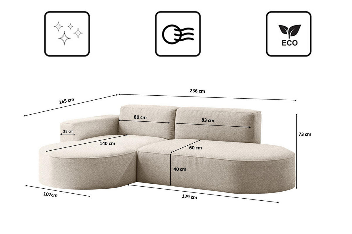 ECKSOFA Modena Studio Falten, Stoff Alpine, Beige Links - Beige, Holz (165/236cm) - Kaiser Möbel