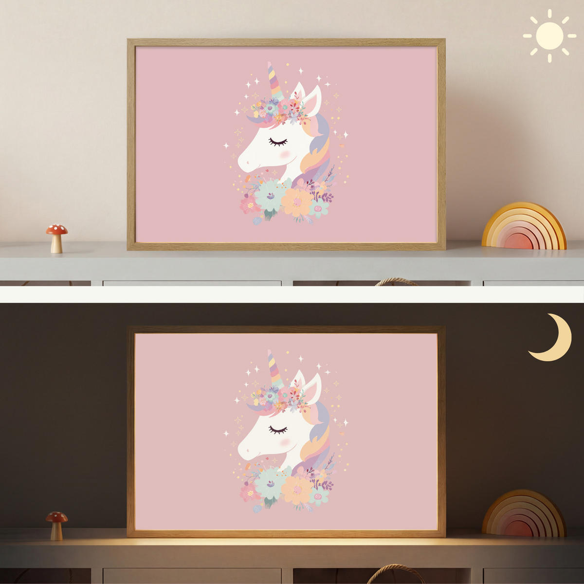 NÁSTĚNNÁ LAMPA S AKUMULÁTOREM Jednorožec - růžová - květiny 60x40 cm - růžová, kompozitní dřevo (60/40/8cm) - OnlyWow