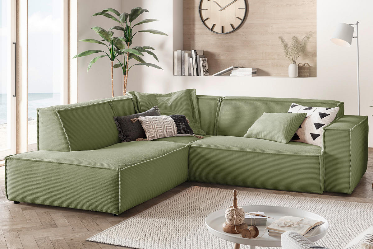 ECKSOFA SAMU Grün Cord - Schwarz/Olivgrün, Textil (254/224cm) - KAWOLA