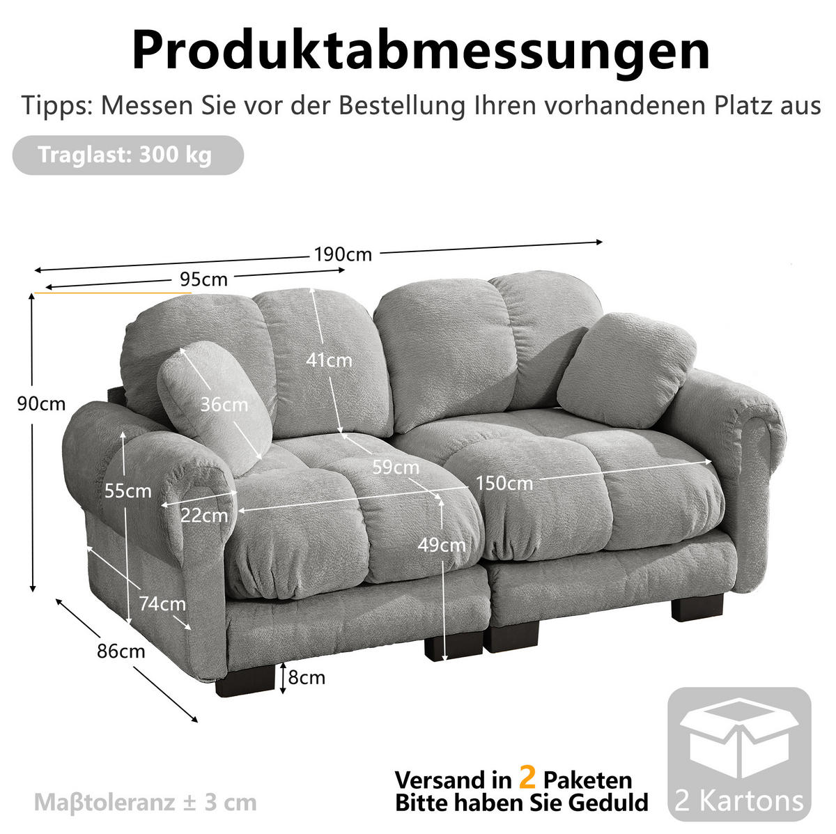 SOFA 190/86/90 cm in Hellgrau aus Chenille mit Steppnähten - Hellgrau, Textil (86/90/190cm) - Flora Grace
