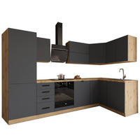 WINKELKÜCHE 300 cm x 140 cm- Langen KL6-M300 - in Grau/Matt - Schwarz/Grau, Holz/Holzwerkstoff (440/212/58cm)