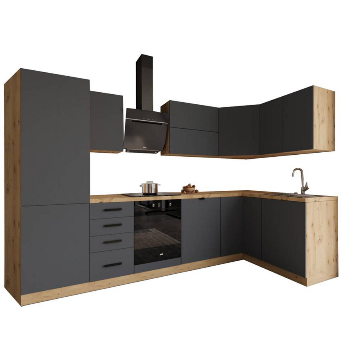 WINKELKÜCHE 300 cm x 140 cm- Langen KL6-M300 - in Grau/Matt - Schwarz/Grau, Holz/Holzwerkstoff (440/212/58cm)