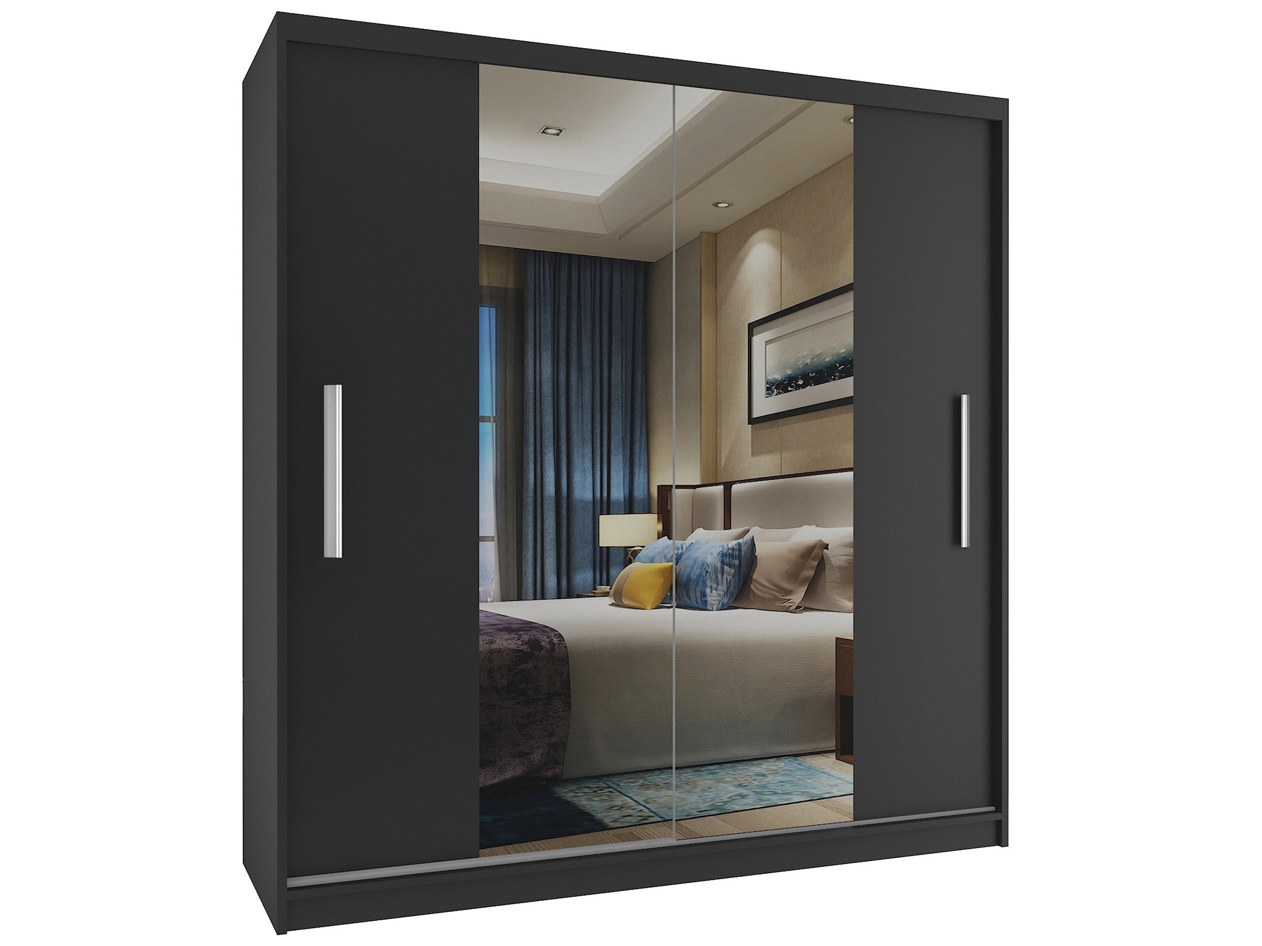 SCHWEBETÜRENSCHRANK Verona ME, Schwarz Matt, 158 cm, mit Spiegel - Schwarz, Holz (158/216/60cm) - B BELINI GROUP