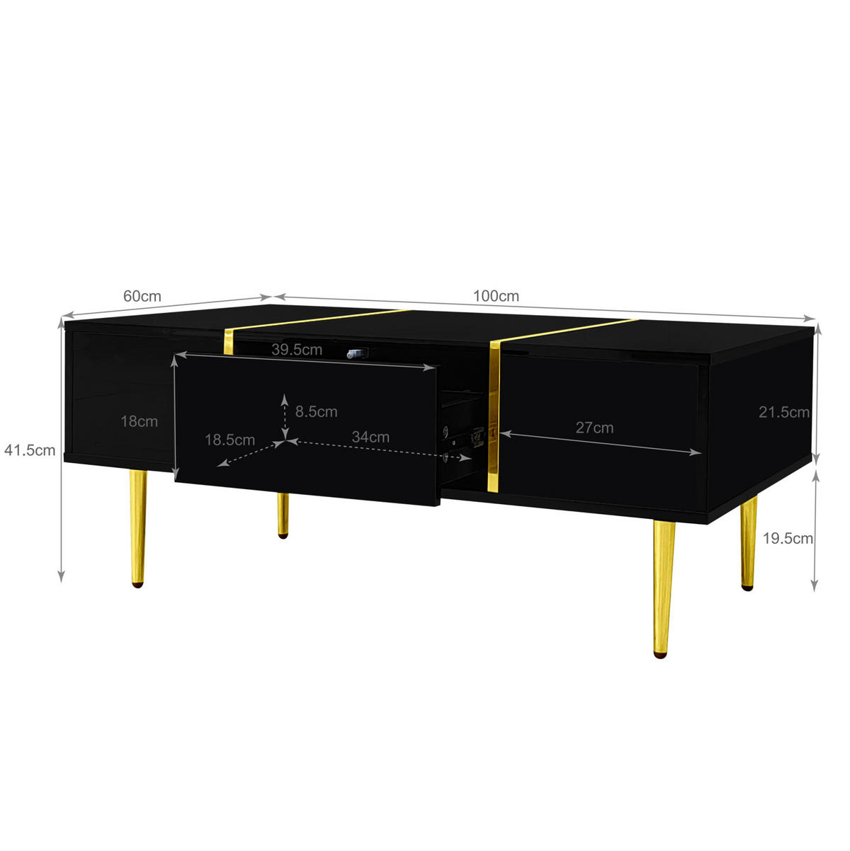 COUCHTISCH 100/60/41.5 cm schwarz aus MDF mit Hochglanz und 2 Schubladen - Schwarz, Holzwerkstoff (100/60/41.5cm) - OKMYHOME