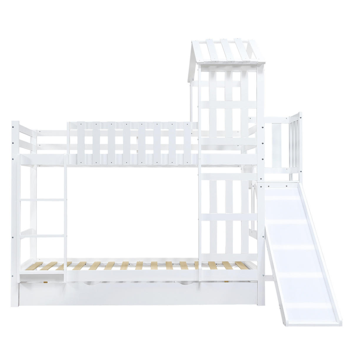 ETAGENBETT 90/200 cm Weiß mit 1 Schublade auf Rollen, Rutsche, Dach und Fenster - Weiß, Holz (90/200cm) - Oxeza