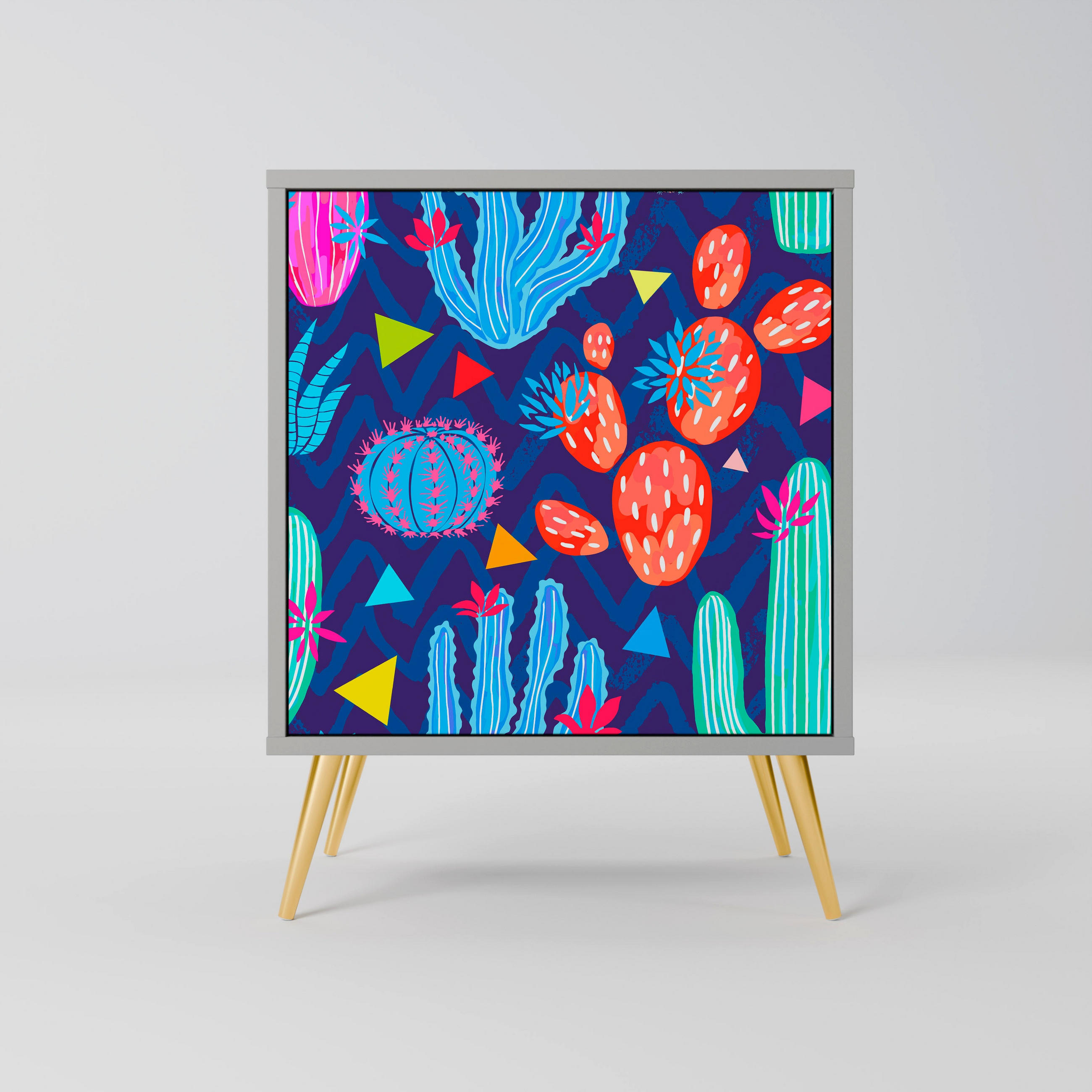 SIDEBOARD CACTUS VIBES, Grau, 57,5x42x75,5 cm, Goldfarbene Metallfüße - Goldfarben/Multicolor, Holzwerkstoff/Metall (57.5/75.5/42cm) - SpaceRebels