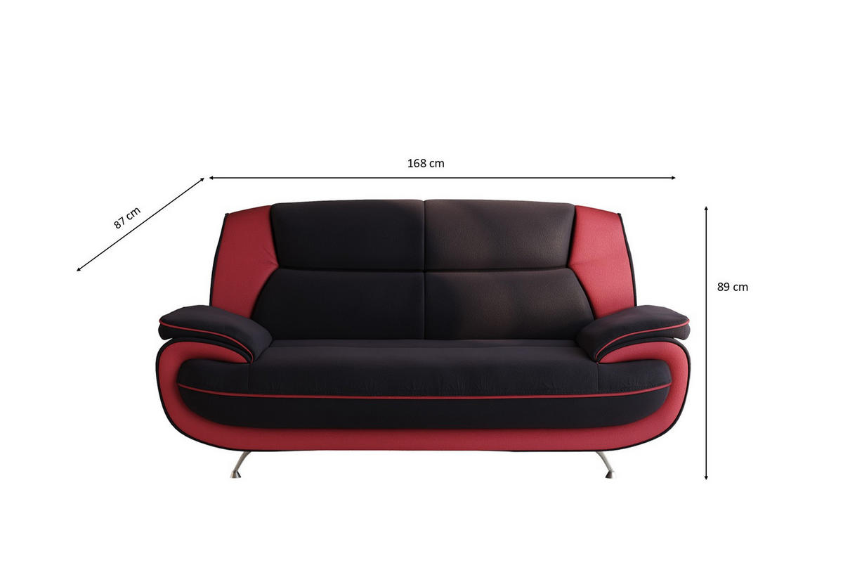 SOFA 2-Sitzer, Stoff Soft, Schwarz + Rot, Palermo - Schwarz, Holz (168/89/87cm) - Kaiser Möbel