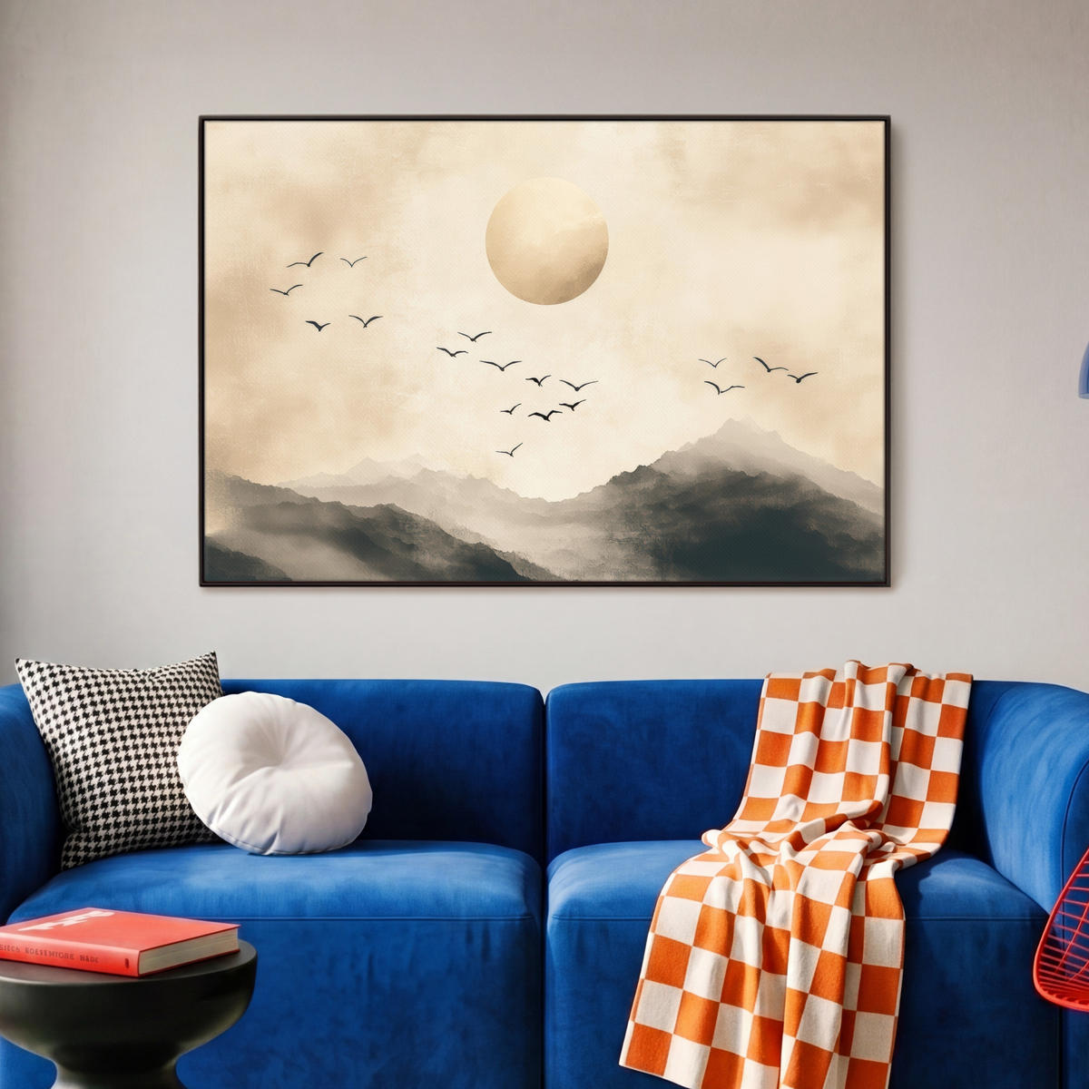 LEINWAND Bilder mit Rahmen - Landschaft - Japandi - Vogel - 90x60 - Beige, Textil (90/60cm) - MuchoWow