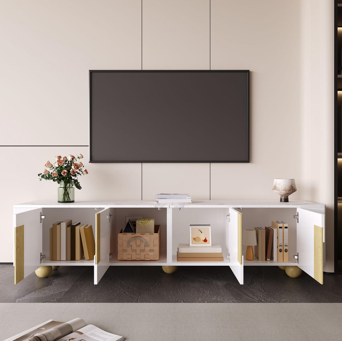 TV-SCHRANK in Weiß und Holzoptik mit 4 Türen und Marmoroptik 180/40/44 cm - Weiß, Holzwerkstoff (180/44/40cm) - Redom